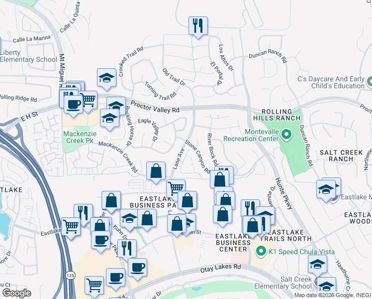 map of restaurants, bars, coffee shops, grocery stores, and more near 740 Whispering Trails Drive in Chula Vista