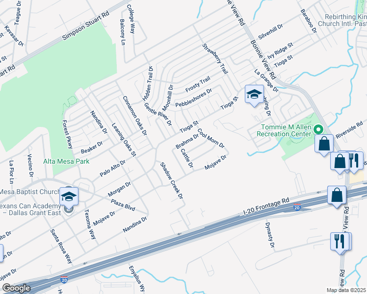 map of restaurants, bars, coffee shops, grocery stores, and more near 6615 Cattle Drive in Dallas