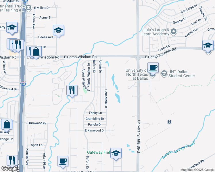 map of restaurants, bars, coffee shops, grocery stores, and more near 7352 Concordia Lane in Dallas