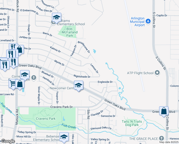 map of restaurants, bars, coffee shops, grocery stores, and more near 609 Nightshade Drive in Arlington