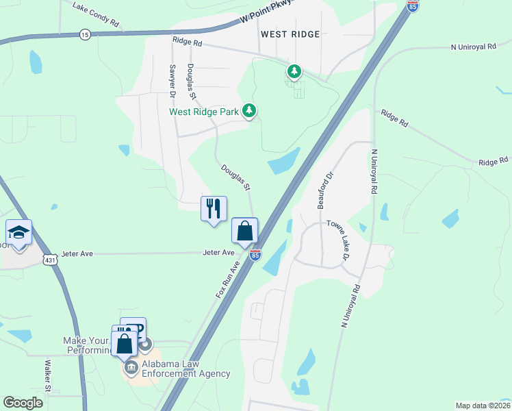 map of restaurants, bars, coffee shops, grocery stores, and more near Douglas Street in Opelika