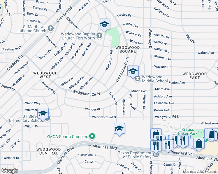 map of restaurants, bars, coffee shops, grocery stores, and more near 5801 Wedgmont Circle North in Fort Worth
