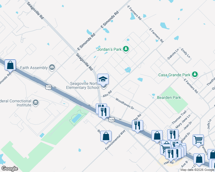 map of restaurants, bars, coffee shops, grocery stores, and more near 1900 Seagoville Road in Seagoville