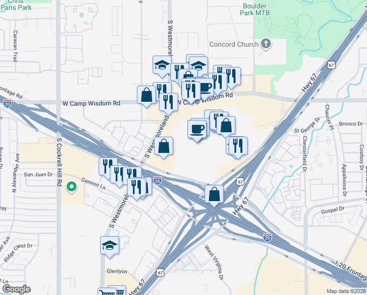 map of restaurants, bars, coffee shops, grocery stores, and more near 1700-1736 Southwest Center mall in Dallas