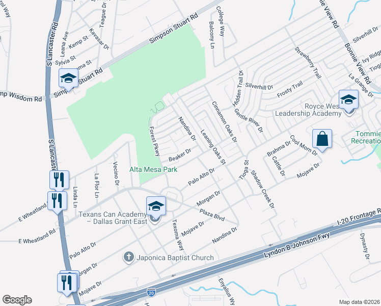 map of restaurants, bars, coffee shops, grocery stores, and more near 3015 Alta Mesa Drive in Dallas