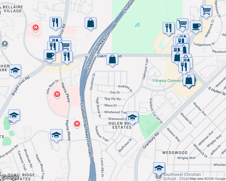 map of restaurants, bars, coffee shops, grocery stores, and more near 6900 Springvalley Way in Fort Worth