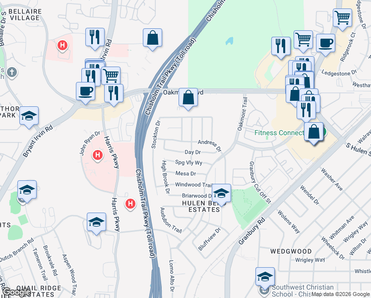 map of restaurants, bars, coffee shops, grocery stores, and more near 6900 Springvalley Way in Fort Worth