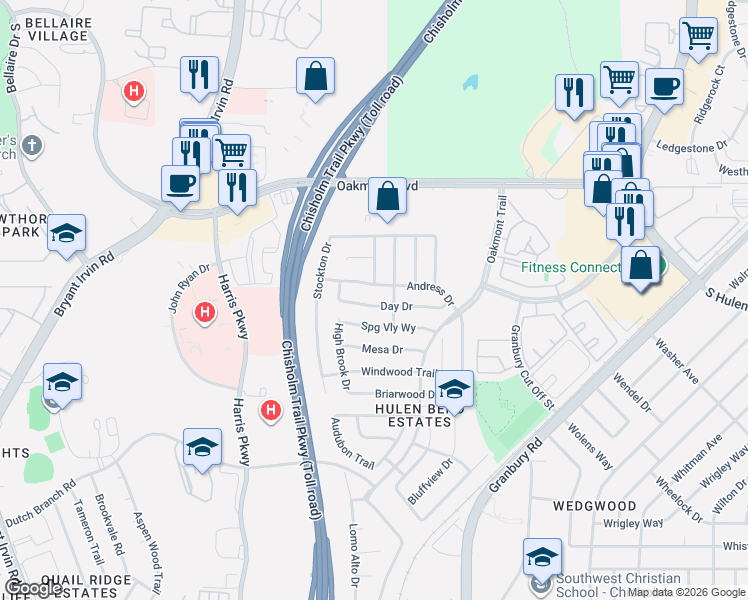 map of restaurants, bars, coffee shops, grocery stores, and more near 6900 Springvalley Way in Fort Worth