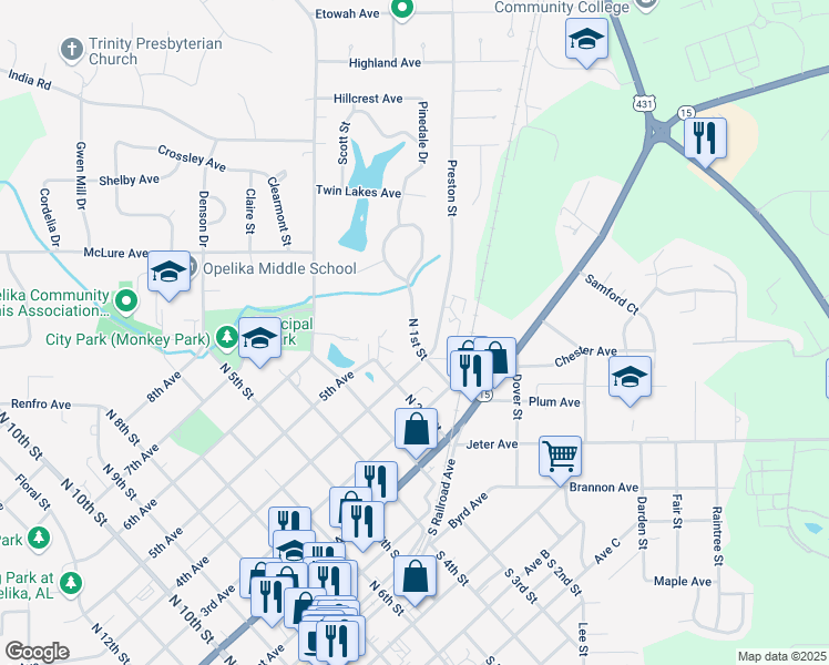 map of restaurants, bars, coffee shops, grocery stores, and more near 1003 North 1st Street in Opelika