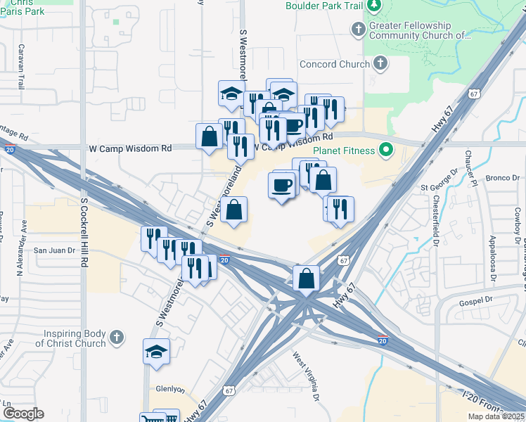 map of restaurants, bars, coffee shops, grocery stores, and more near 1700-1736 Southwest Center mall in Dallas