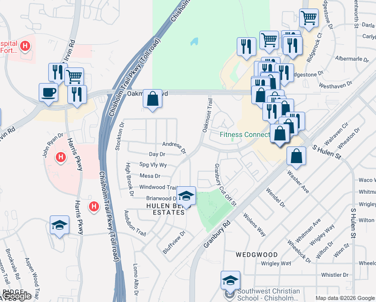 map of restaurants, bars, coffee shops, grocery stores, and more near 6300 Greenbriar Lane in Fort Worth