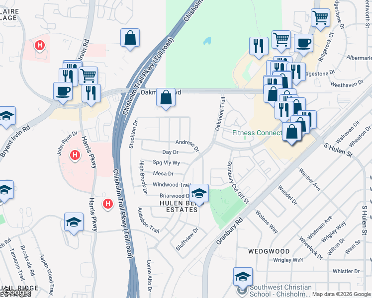 map of restaurants, bars, coffee shops, grocery stores, and more near 6708 Springvalley Way in Fort Worth
