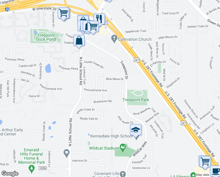 map of restaurants, bars, coffee shops, grocery stores, and more near 6021 Pennsylvania Avenue in Arlington