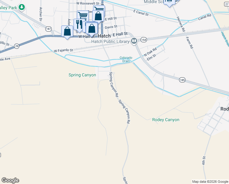 map of restaurants, bars, coffee shops, grocery stores, and more near 434 Spring Canyon Road in Hatch