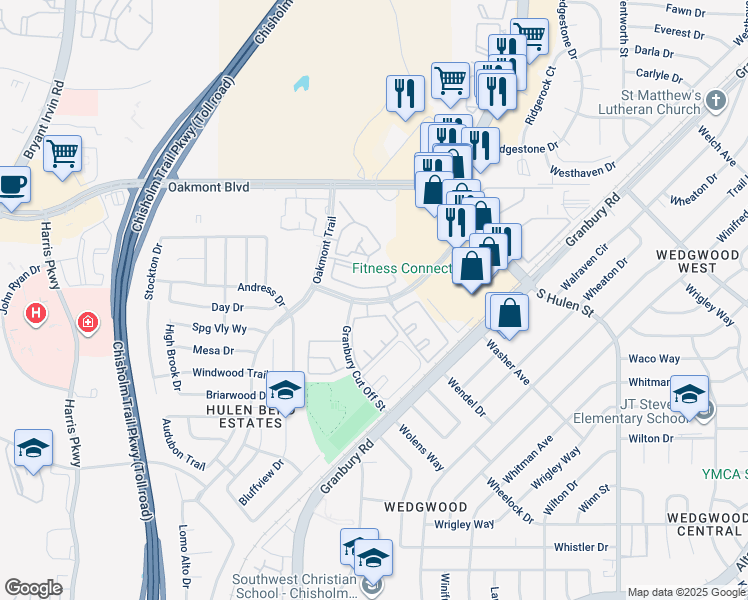 map of restaurants, bars, coffee shops, grocery stores, and more near 6422 Hulen Bend Boulevard in Fort Worth