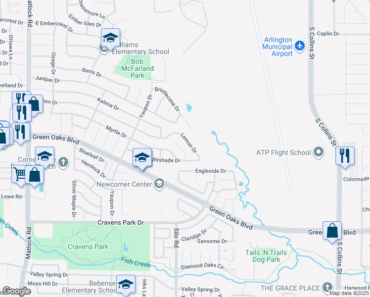 map of restaurants, bars, coffee shops, grocery stores, and more near 631 Lemon Drive in Arlington