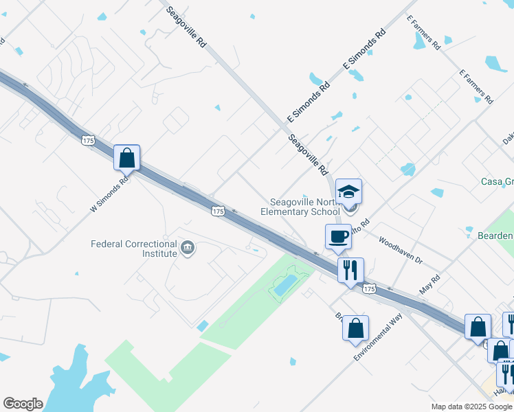 map of restaurants, bars, coffee shops, grocery stores, and more near 2102 Cain Street in Seagoville