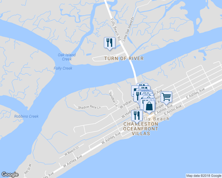 map of restaurants, bars, coffee shops, grocery stores, and more near 88 Sandbar Lane in Folly Beach