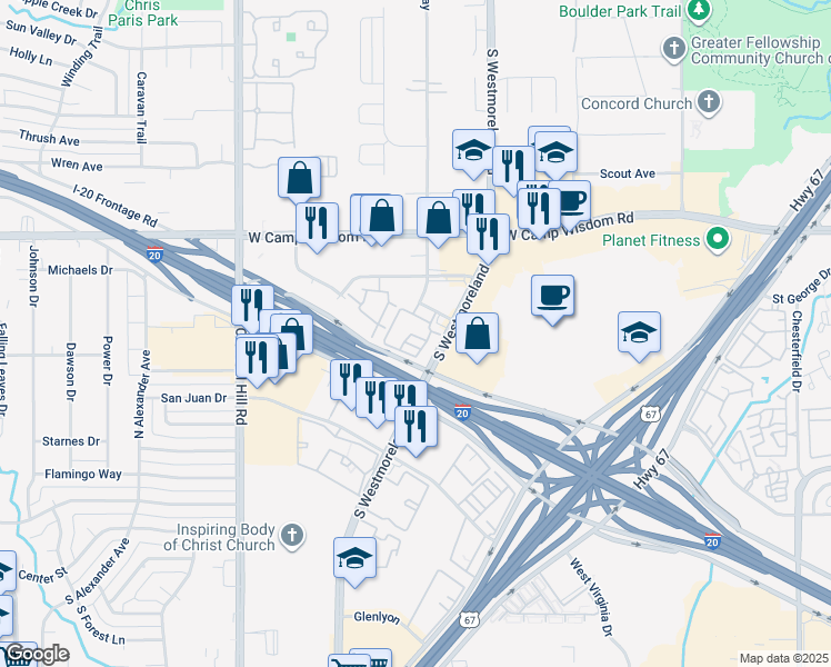 map of restaurants, bars, coffee shops, grocery stores, and more near 3900 Investor Drive in Dallas