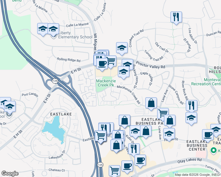 map of restaurants, bars, coffee shops, grocery stores, and more near 2775 Mackenzie Creek Road in Chula Vista