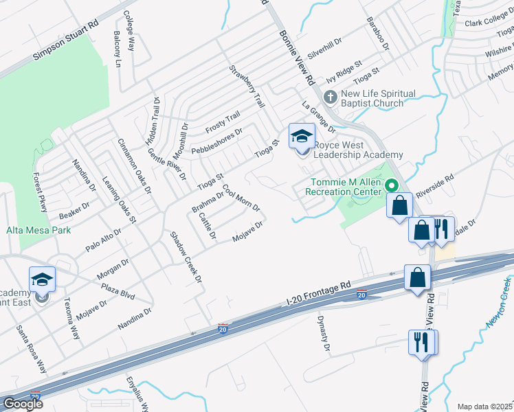 map of restaurants, bars, coffee shops, grocery stores, and more near 6634 Cool Morn Drive in Dallas