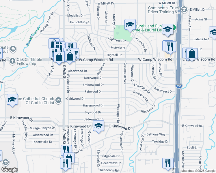 map of restaurants, bars, coffee shops, grocery stores, and more near 756 Deerwood Drive in Dallas