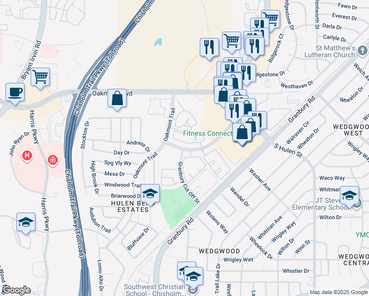 map of restaurants, bars, coffee shops, grocery stores, and more near 6522 Hulen Bend Boulevard in Fort Worth