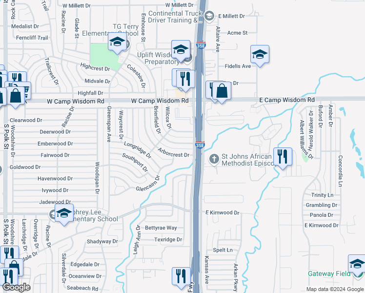 map of restaurants, bars, coffee shops, grocery stores, and more near 7411 Brierfield Drive in Dallas