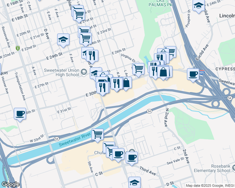 map of restaurants, bars, coffee shops, grocery stores, and more near 3007 Highland Avenue in National City