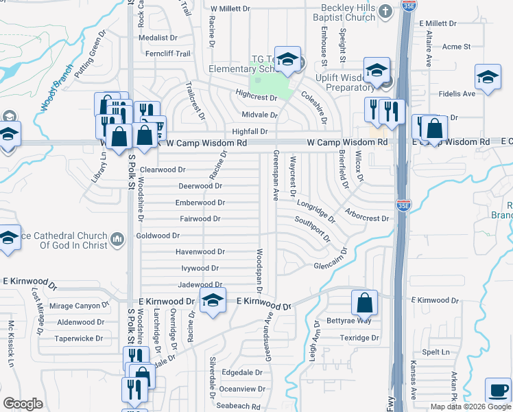 map of restaurants, bars, coffee shops, grocery stores, and more near 706 Emberwood Drive in Dallas