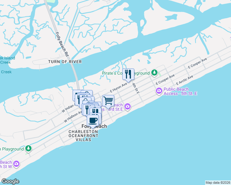 map of restaurants, bars, coffee shops, grocery stores, and more near 220 East Huron Avenue in Folly Beach