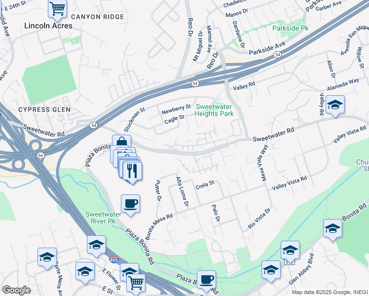 map of restaurants, bars, coffee shops, grocery stores, and more near 3522 Fairlomas Road in National City