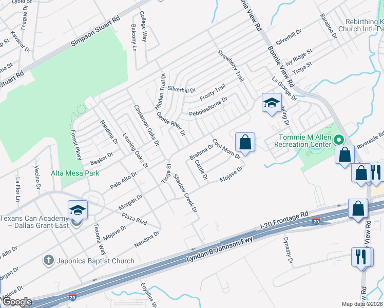 map of restaurants, bars, coffee shops, grocery stores, and more near 3423 Brahma Drive in Dallas