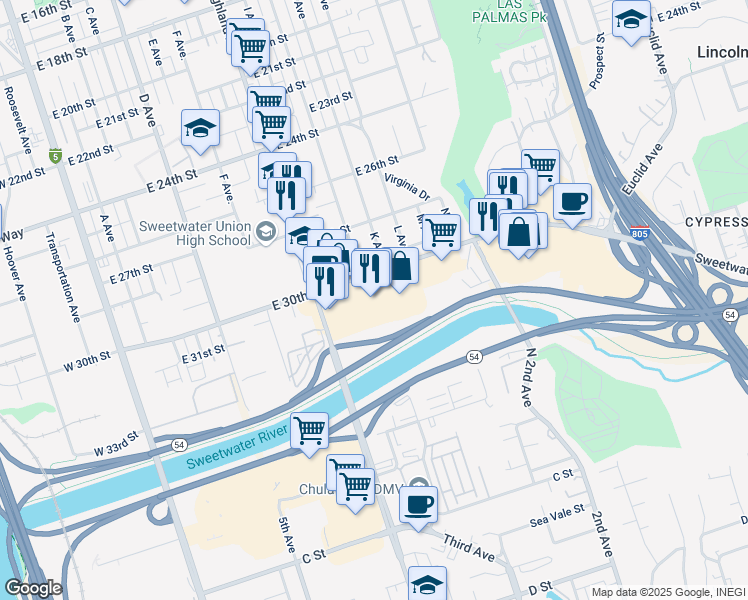 map of restaurants, bars, coffee shops, grocery stores, and more near 3007 Highland Avenue in National City