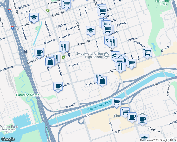 map of restaurants, bars, coffee shops, grocery stores, and more near 2804 D Avenue in National City