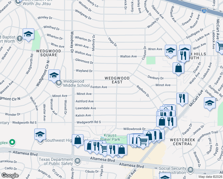 map of restaurants, bars, coffee shops, grocery stores, and more near 3704 Fenton Avenue in Fort Worth