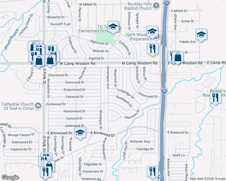 map of restaurants, bars, coffee shops, grocery stores, and more near 7310 Waycrest Drive in Dallas