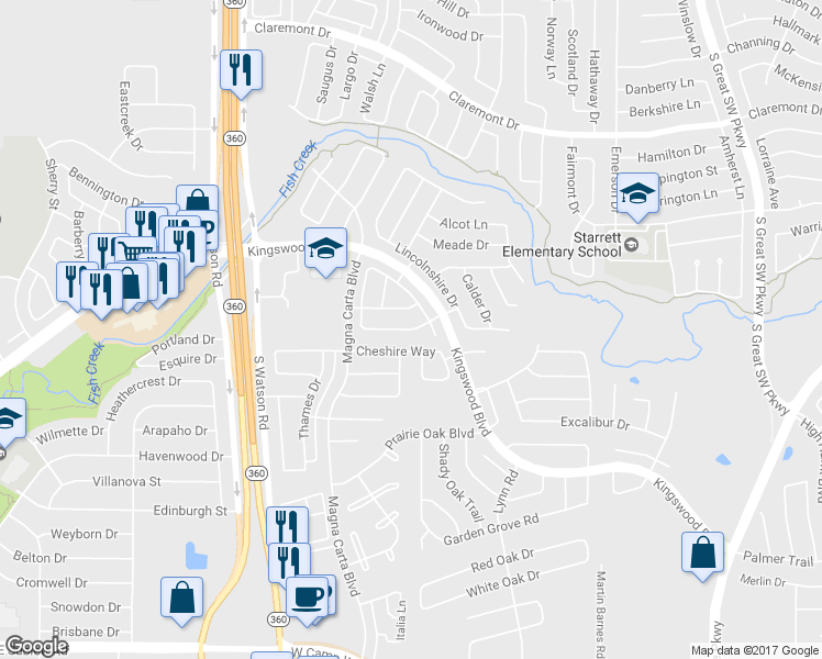 map of restaurants, bars, coffee shops, grocery stores, and more near Sommerset Dr in Grand Prairie