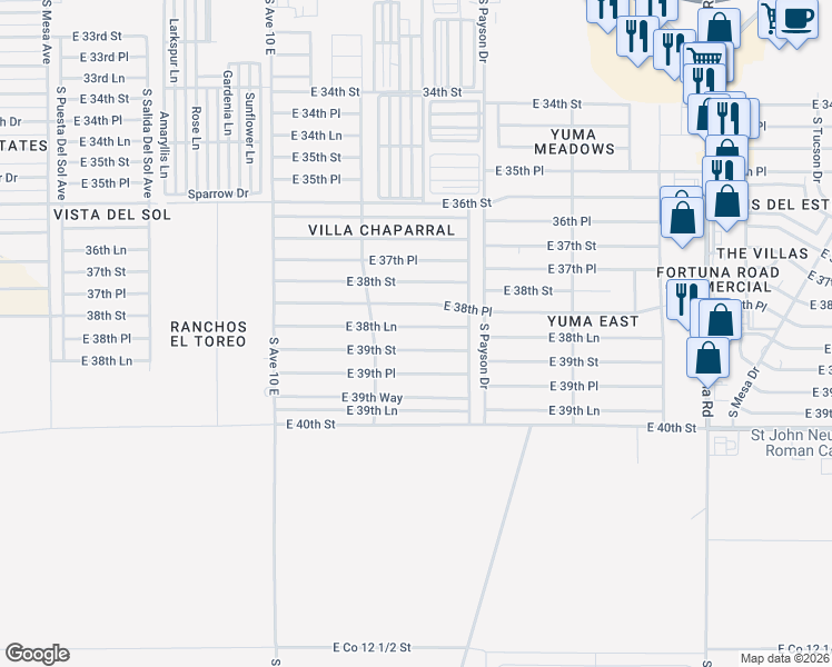 map of restaurants, bars, coffee shops, grocery stores, and more near 10365 East 38th Lane in Yuma