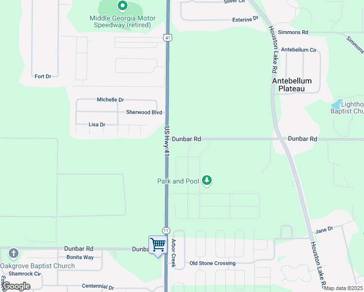 map of restaurants, bars, coffee shops, grocery stores, and more near 1250 Dunbar Road in Warner Robins