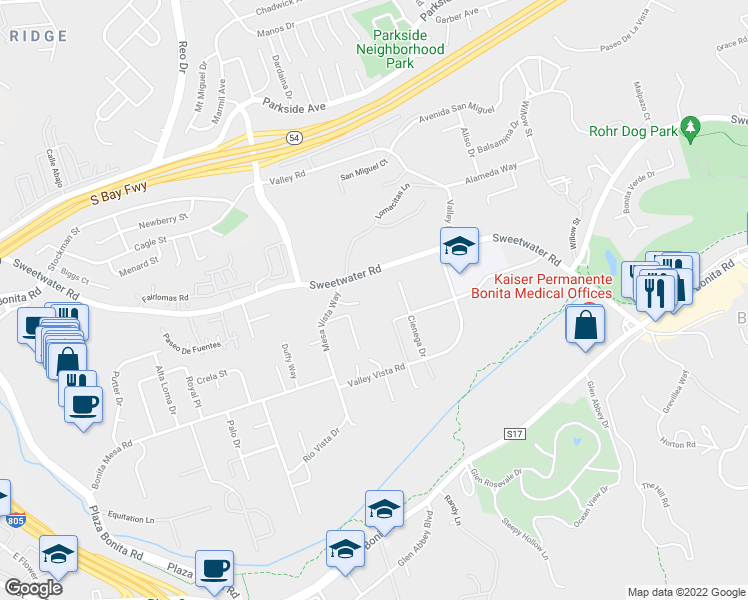 map of restaurants, bars, coffee shops, grocery stores, and more near 3799 Vista Point in Bonita