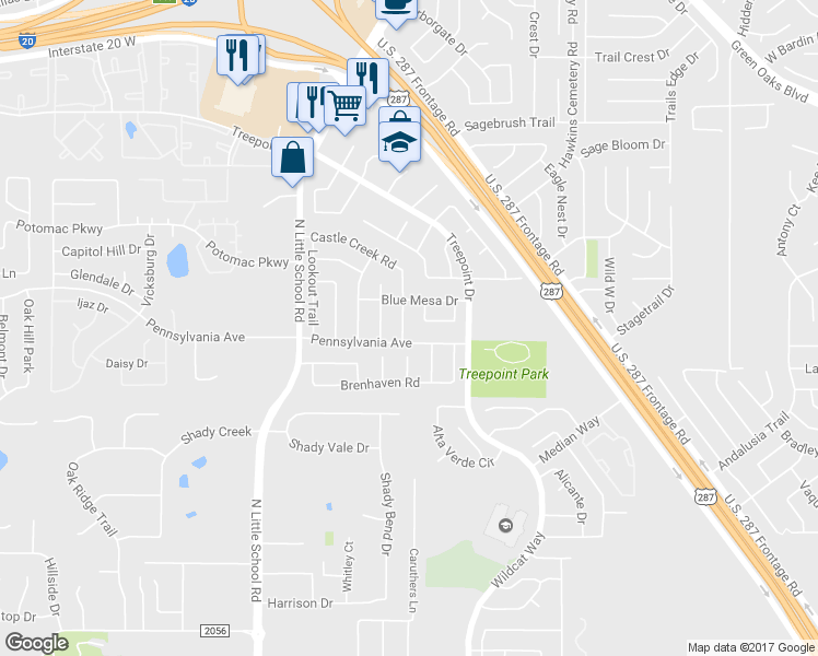 map of restaurants, bars, coffee shops, grocery stores, and more near 6003 Castle Creek Circle in Arlington
