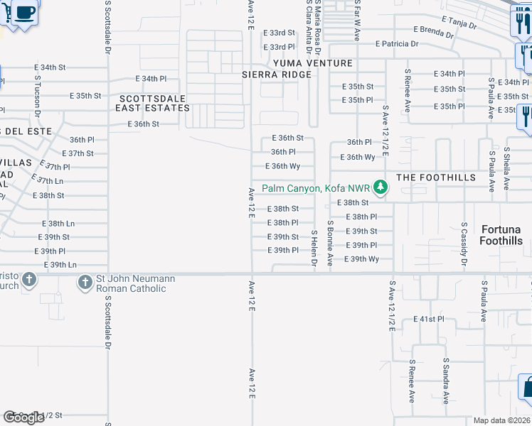map of restaurants, bars, coffee shops, grocery stores, and more near 12000-12298 E 38th St in Yuma