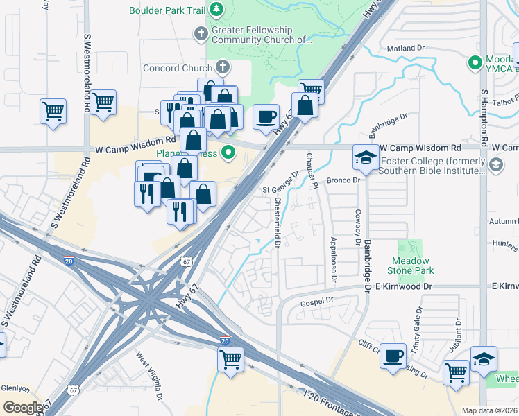 map of restaurants, bars, coffee shops, grocery stores, and more near 7272 Marvin D. Love Freeway in Dallas
