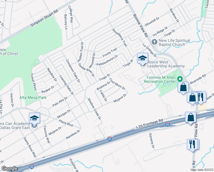 map of restaurants, bars, coffee shops, grocery stores, and more near 3452 Brahma Drive in Dallas