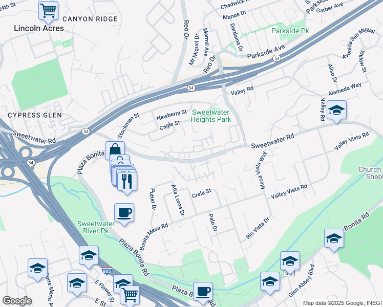 map of restaurants, bars, coffee shops, grocery stores, and more near 3522 Fairlomas Road in National City