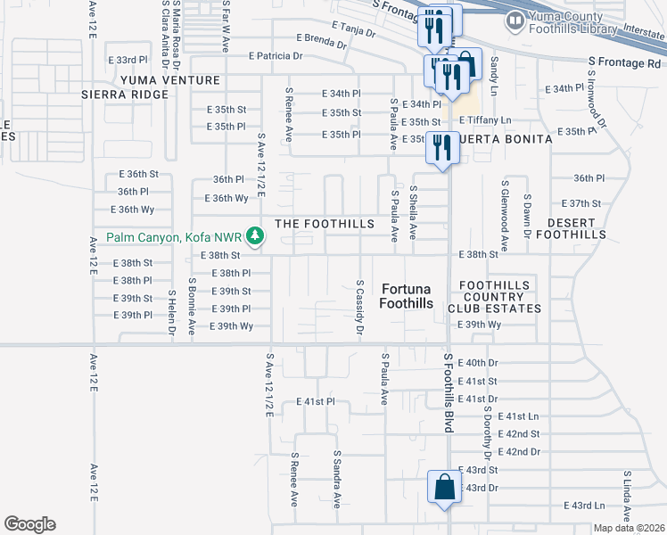 map of restaurants, bars, coffee shops, grocery stores, and more near 11707 South Sandra Avenue in Yuma