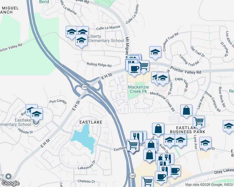map of restaurants, bars, coffee shops, grocery stores, and more near 2263 Lago Madero in Chula Vista