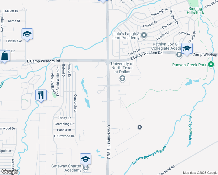 map of restaurants, bars, coffee shops, grocery stores, and more near 7300 University Hills Blvd in Dallas