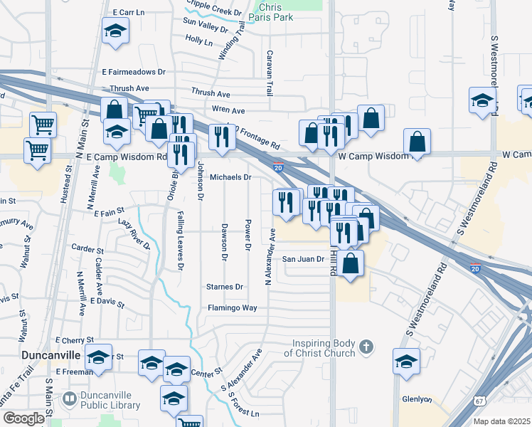 map of restaurants, bars, coffee shops, grocery stores, and more near 641 North Alexander Avenue in Duncanville